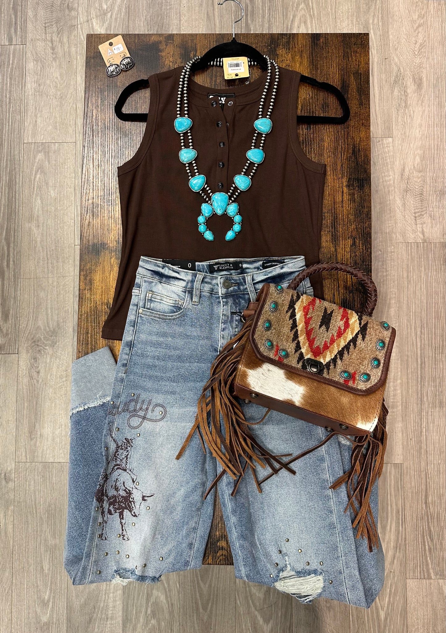 Mid Wash Distressed Knee Rip Studded Buckin’ Bull Cuffed Jeans with Tummy Control