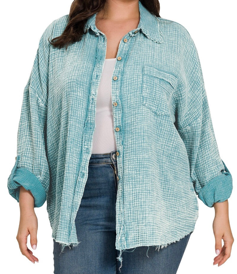 Turquoise Gauze Button Up