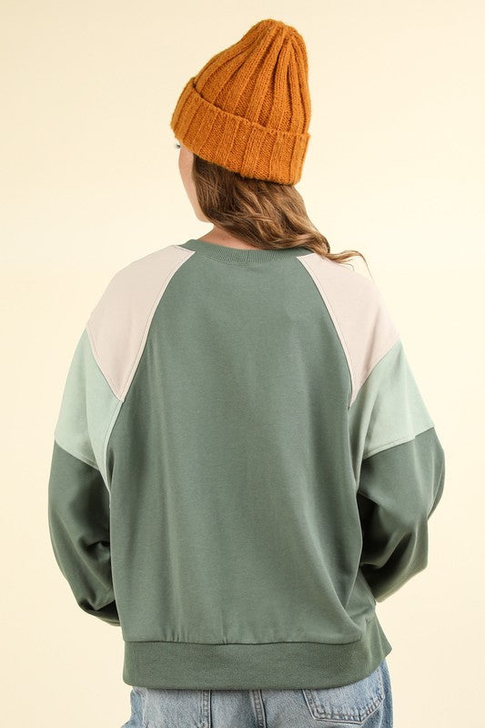 Green Color Block Raglan Sleeve Cropped Oversized Sweatshirt Top