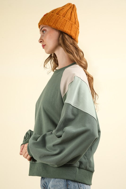 Green Color Block Raglan Sleeve Cropped Oversized Sweatshirt Top