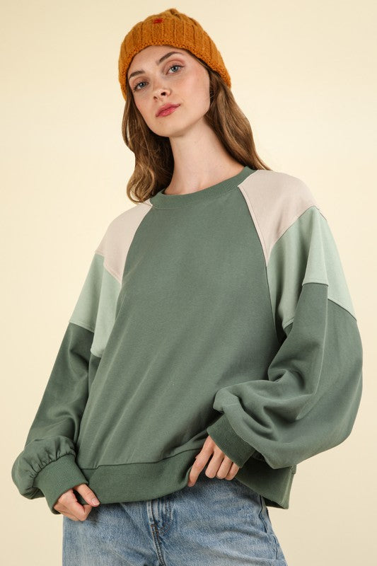 Green Color Block Raglan Sleeve Cropped Oversized Sweatshirt Top