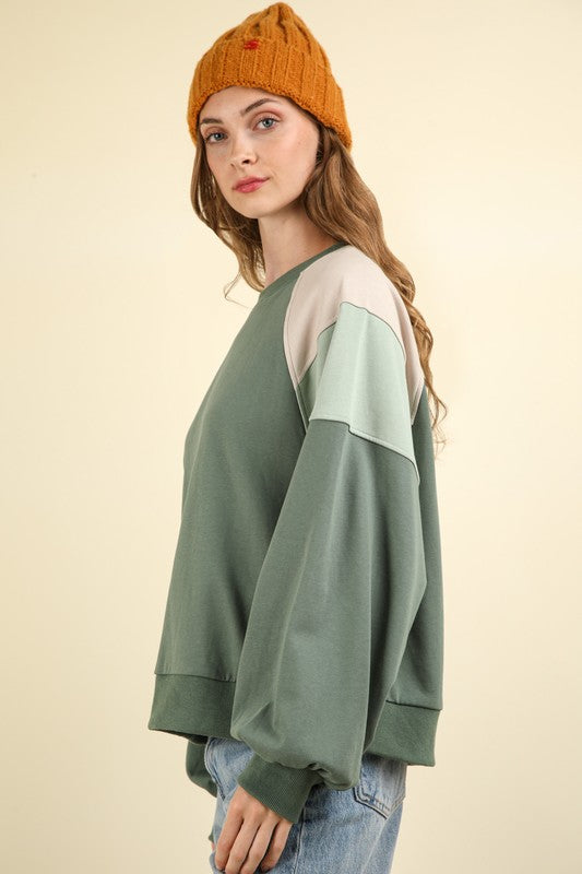 Green Color Block Raglan Sleeve Cropped Oversized Sweatshirt Top
