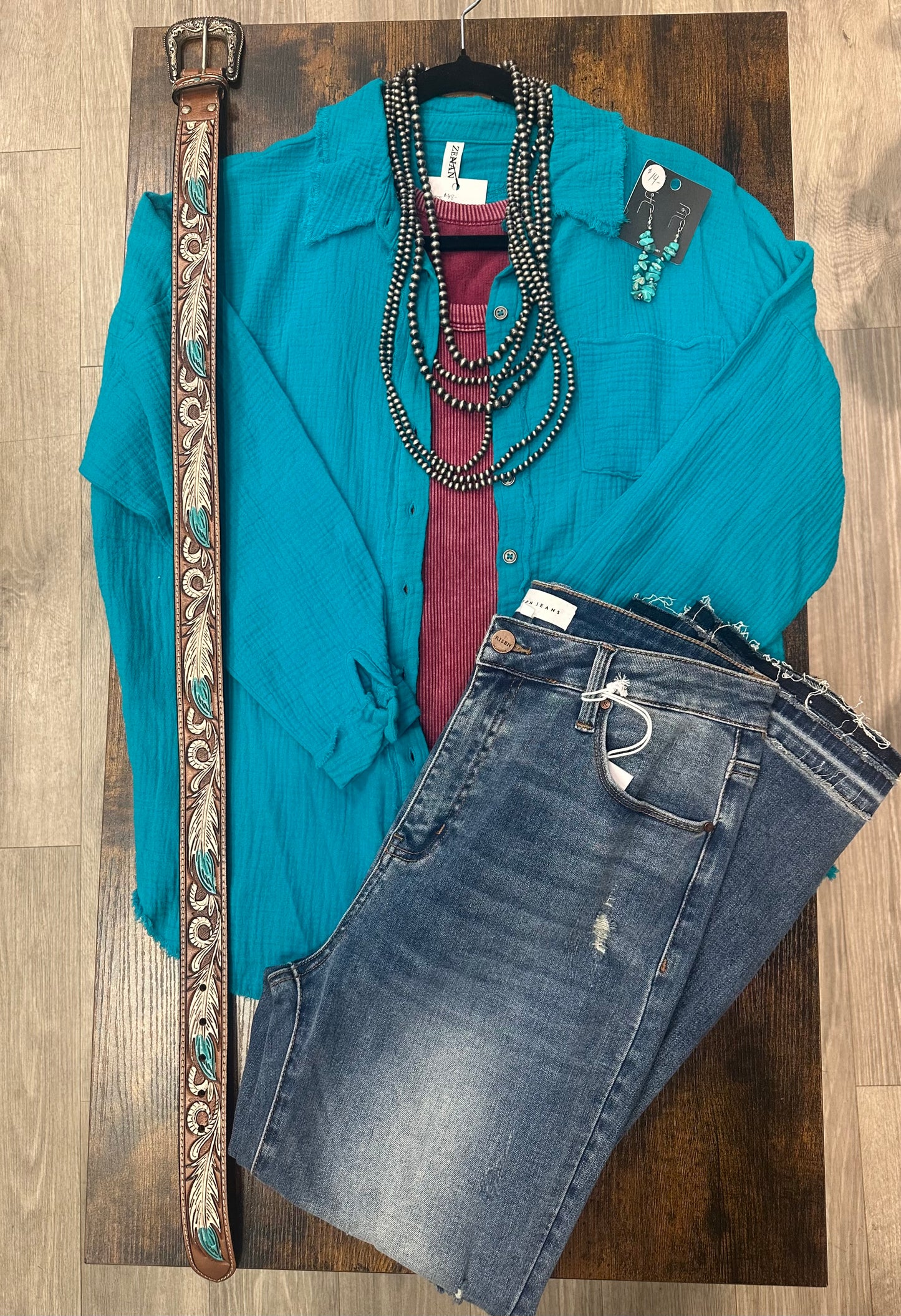 Bright Teal Gauze Button Up