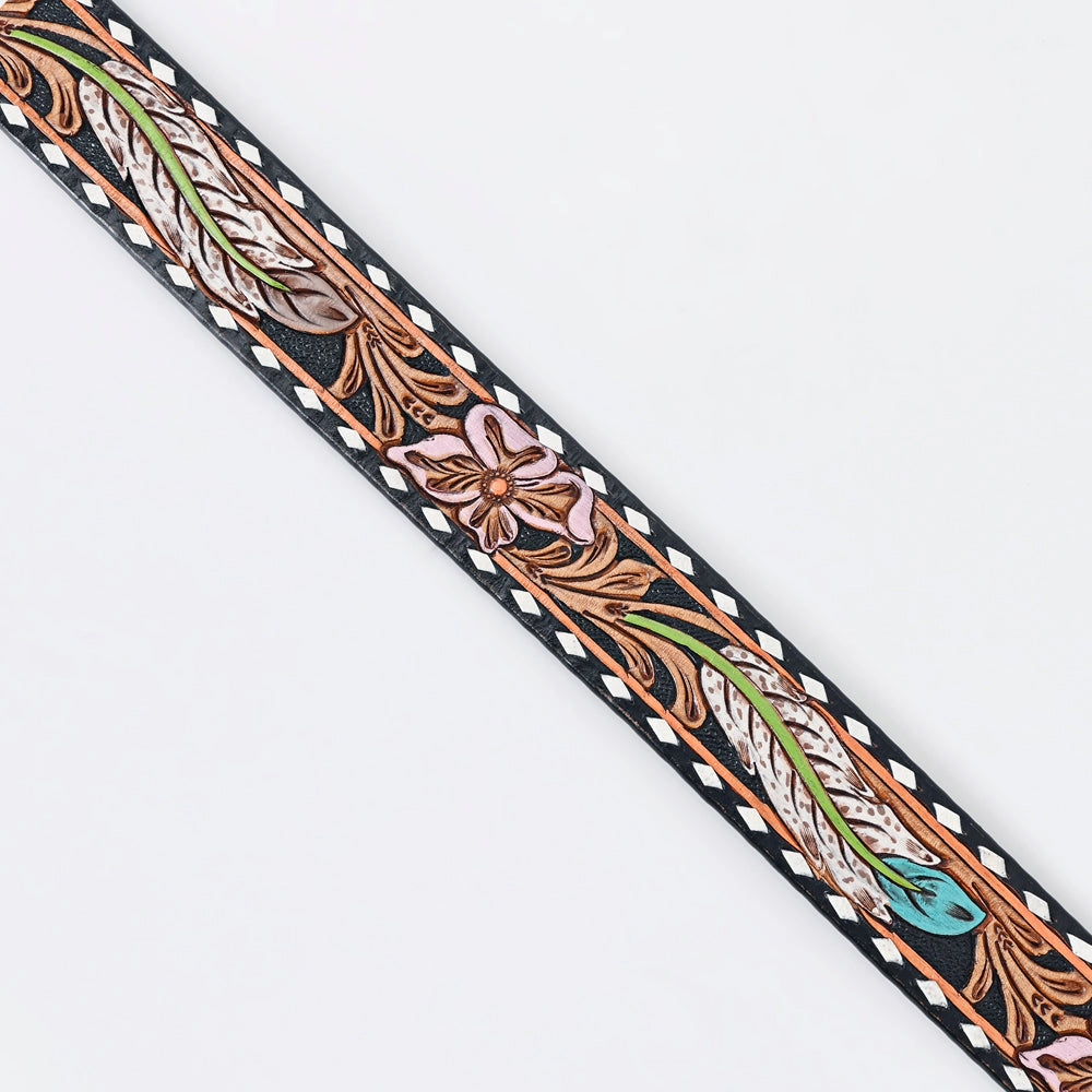 Feather and Flowers Leather Tooled Belt