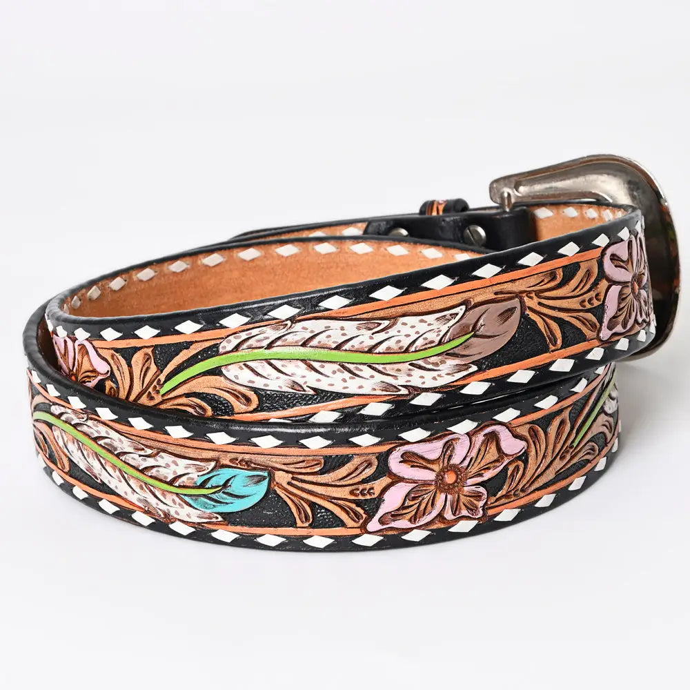 Feather and Flowers Leather Tooled Belt