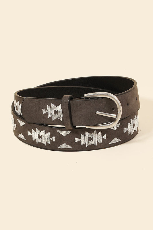 Charcoal Suede Belt with White Aztec Embroidary