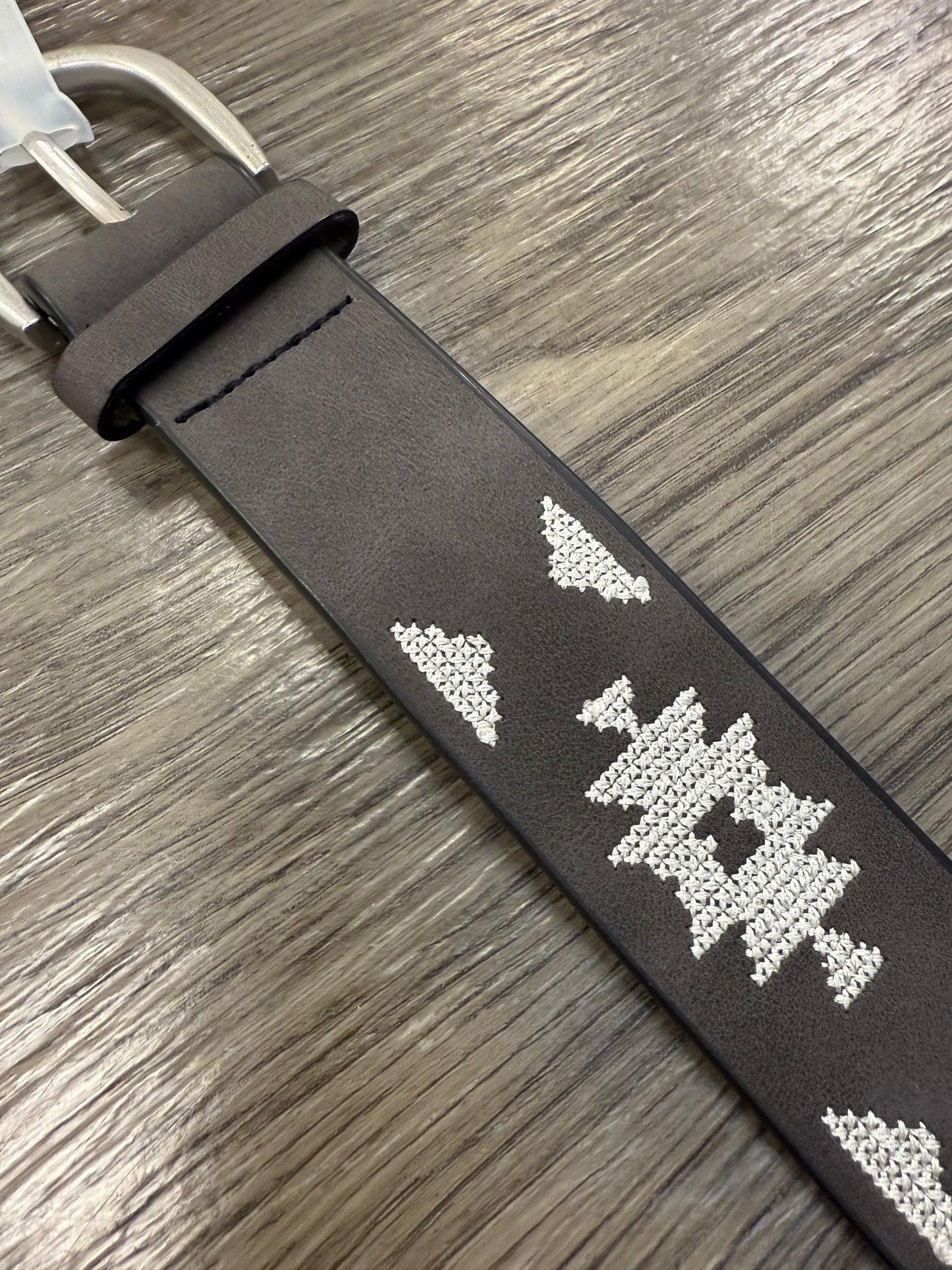 Charcoal Suede Belt with White Aztec Embroidary