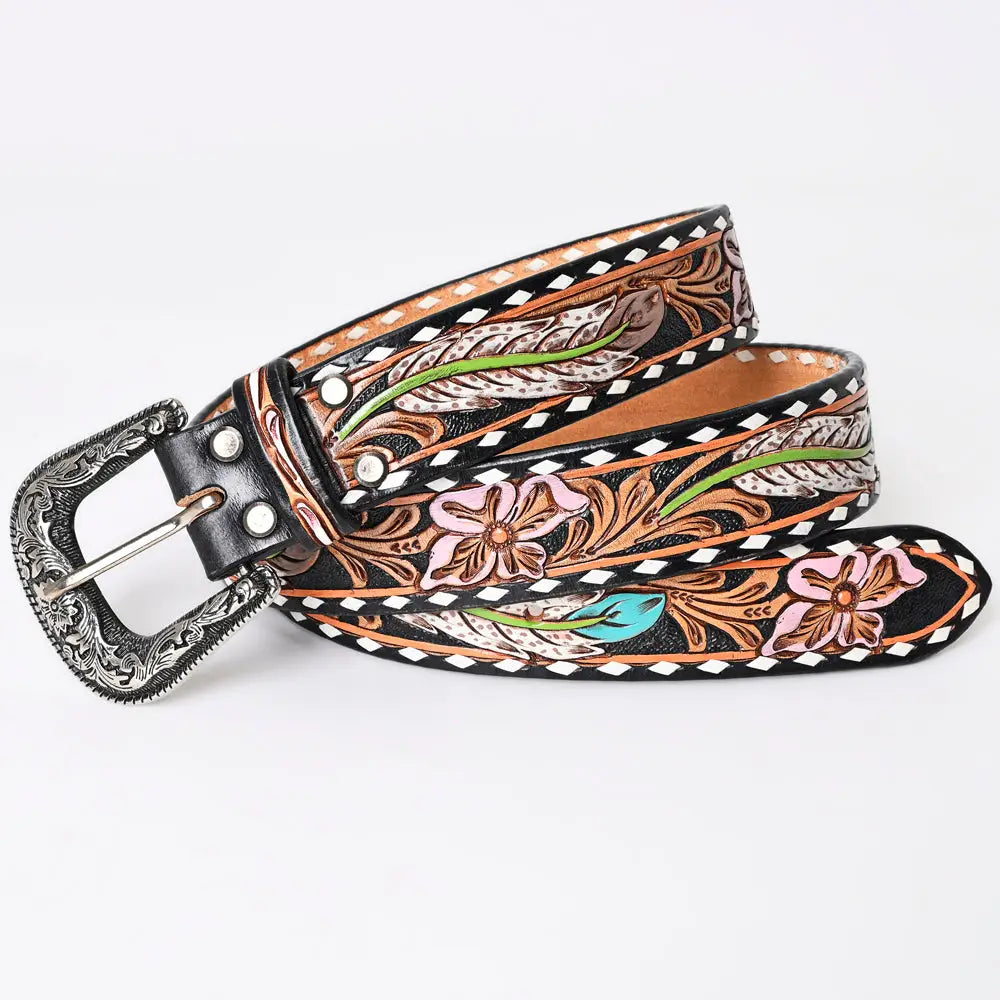 Feather and Flowers Leather Tooled Belt