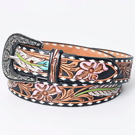 Feather and Flowers Leather Tooled Belt
