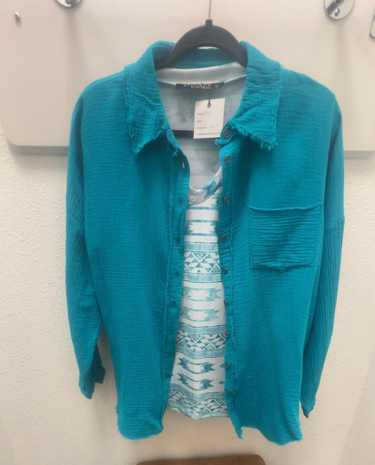 Bright Teal Gauze Button Up