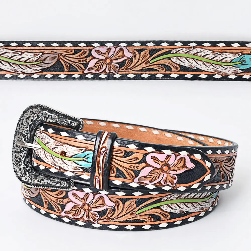 Feather and Flowers Leather Tooled Belt