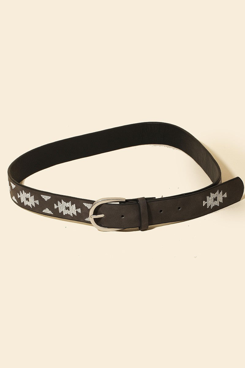 Charcoal Suede Belt with White Aztec Embroidary