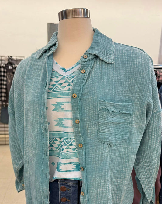 Turquoise Gauze Button Up