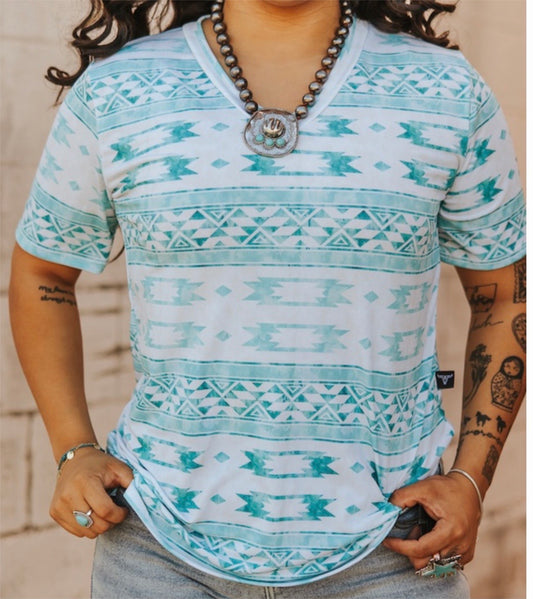 Turquoise & White Aztec Short Sleeve V-neck Top