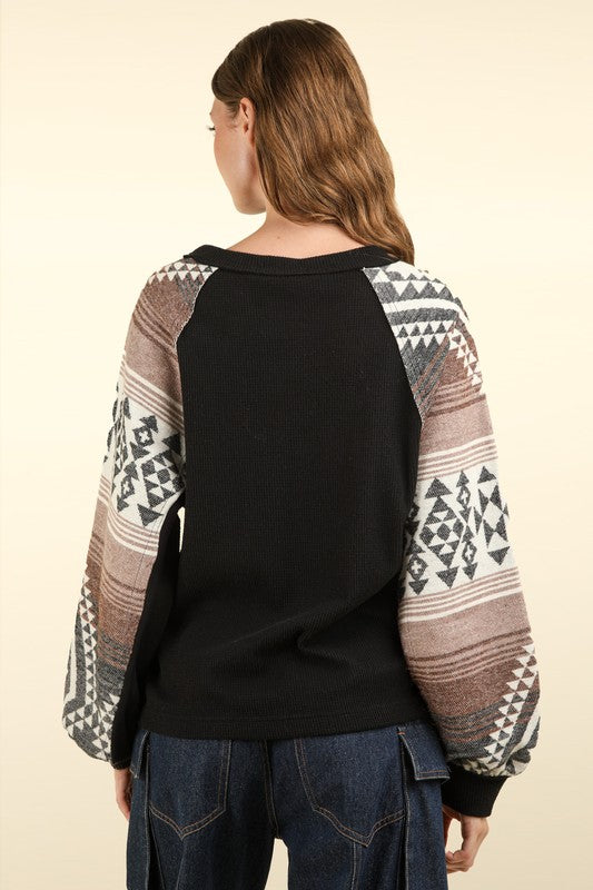 Black Aztec Printed Sleeve Oversized Top