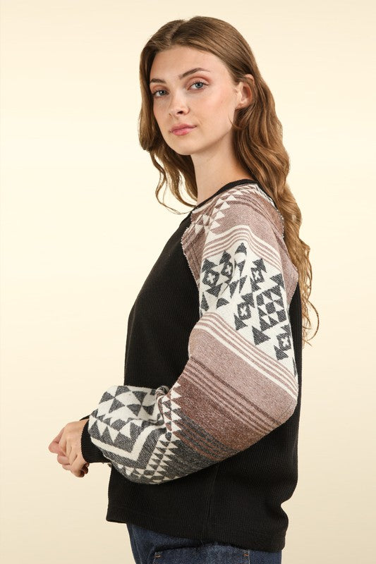 Black Aztec Printed Sleeve Oversized Top