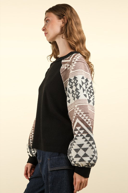 Black Aztec Printed Sleeve Oversized Top