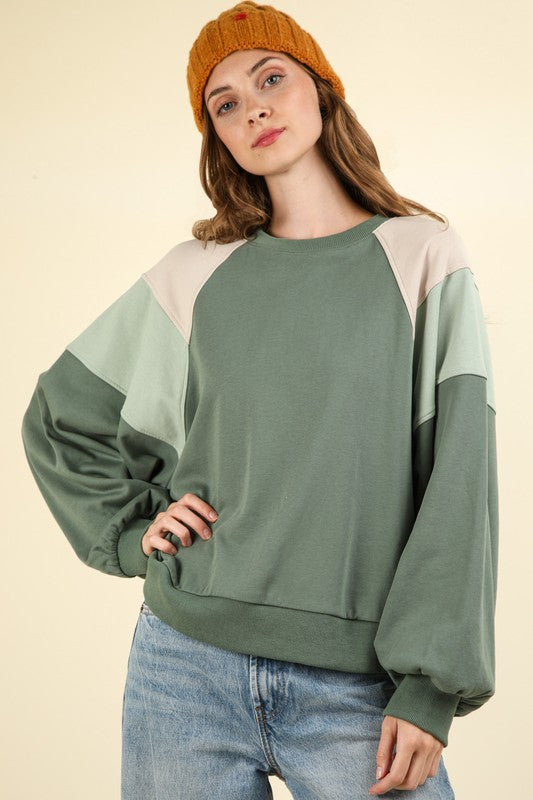 Green Color Block Raglan Sleeve Cropped Oversized Sweatshirt Top