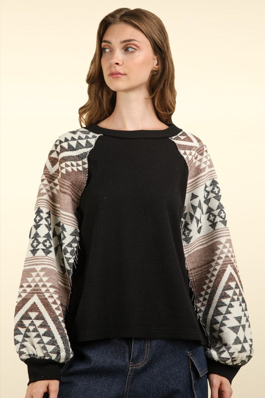 Black Aztec Printed Sleeve Oversized Top