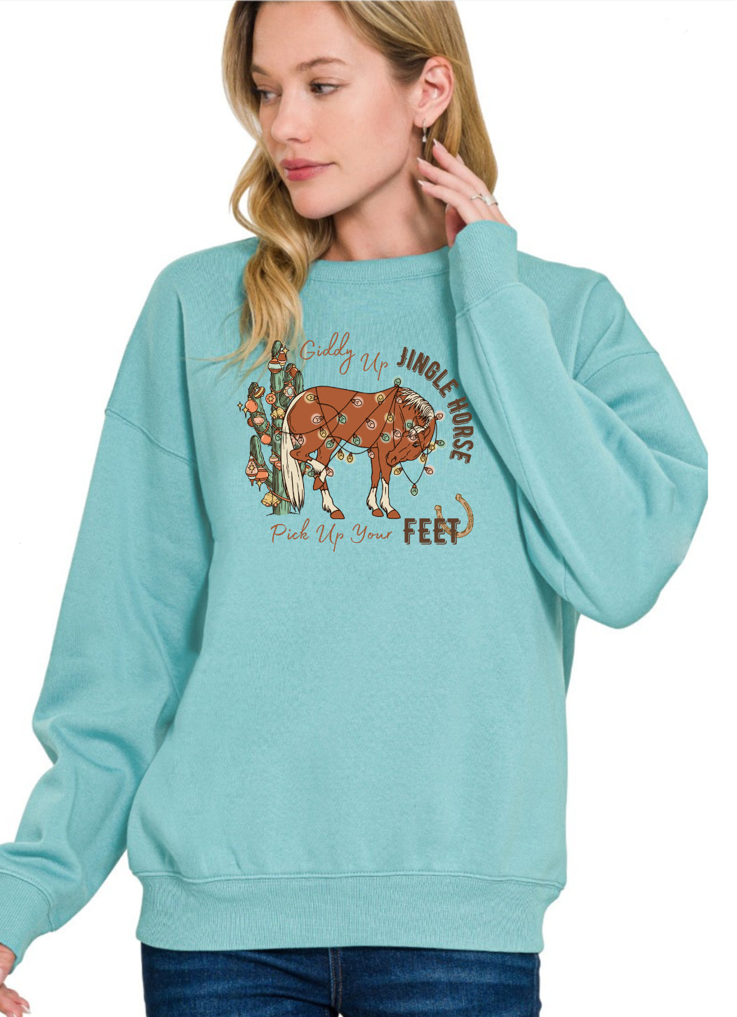 Giddy Up Jingle Horse Crewneck Sweatshirt in Turquoise