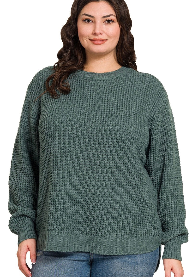 Ash Jade Waffle Knit Hi-Low Crew Neck Sweater