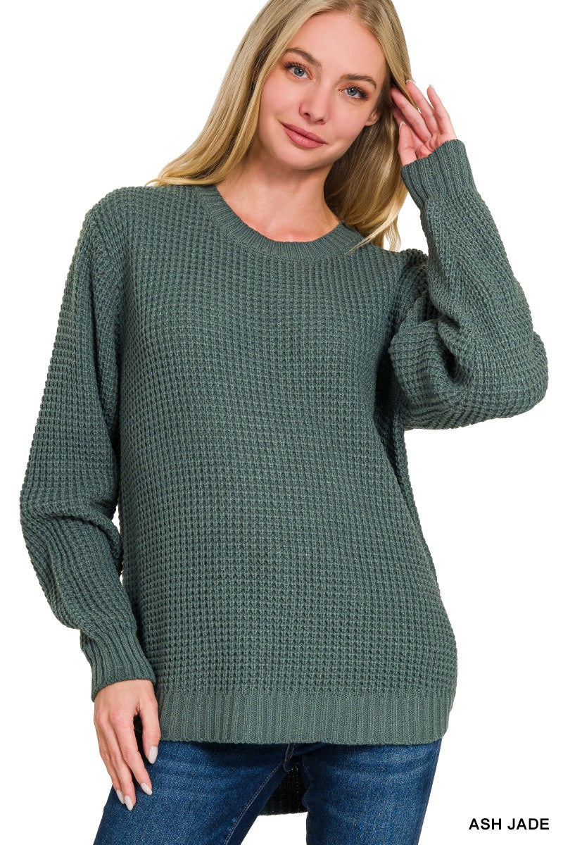 Ash Jade Waffle Knit Hi-Low Crew Neck Sweater