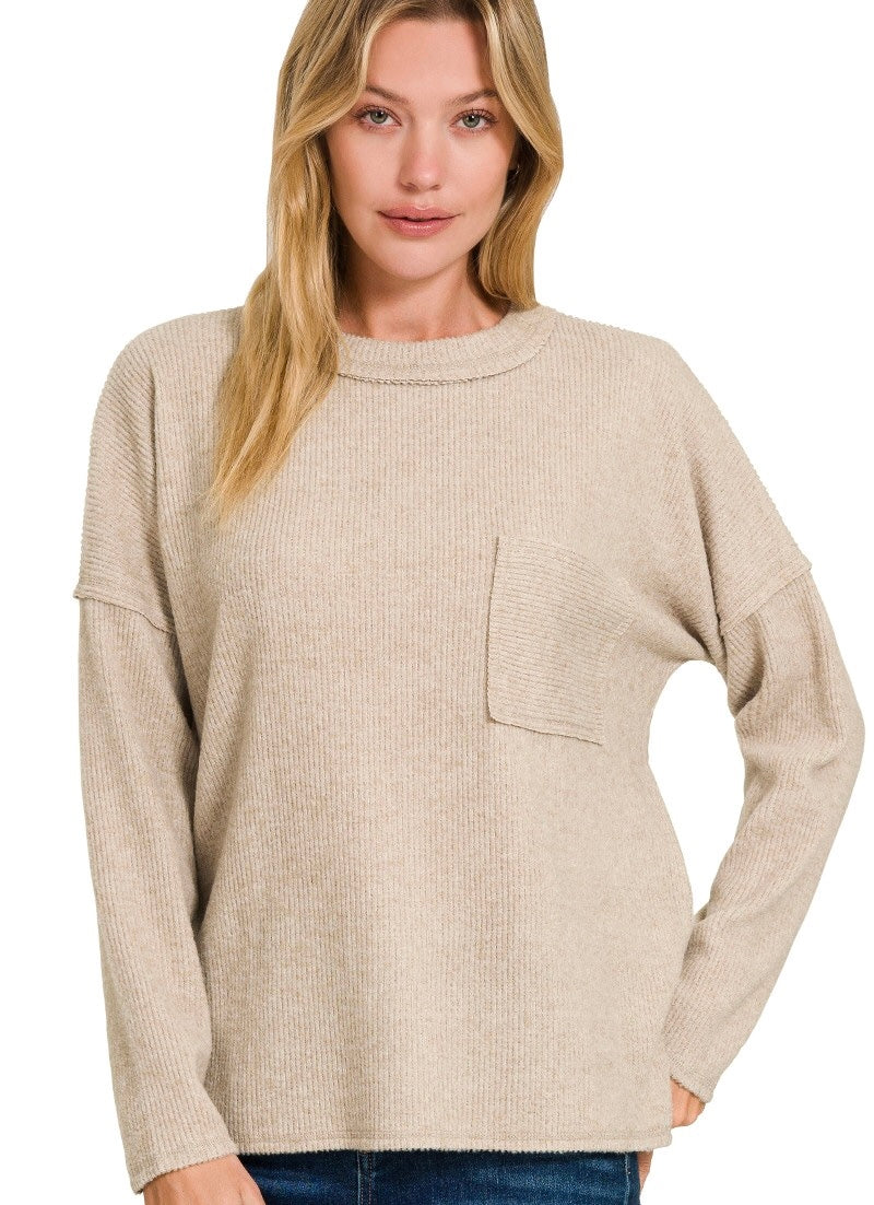 Ribbed Drop Sleeve Knit Sweater in Heather Mocha