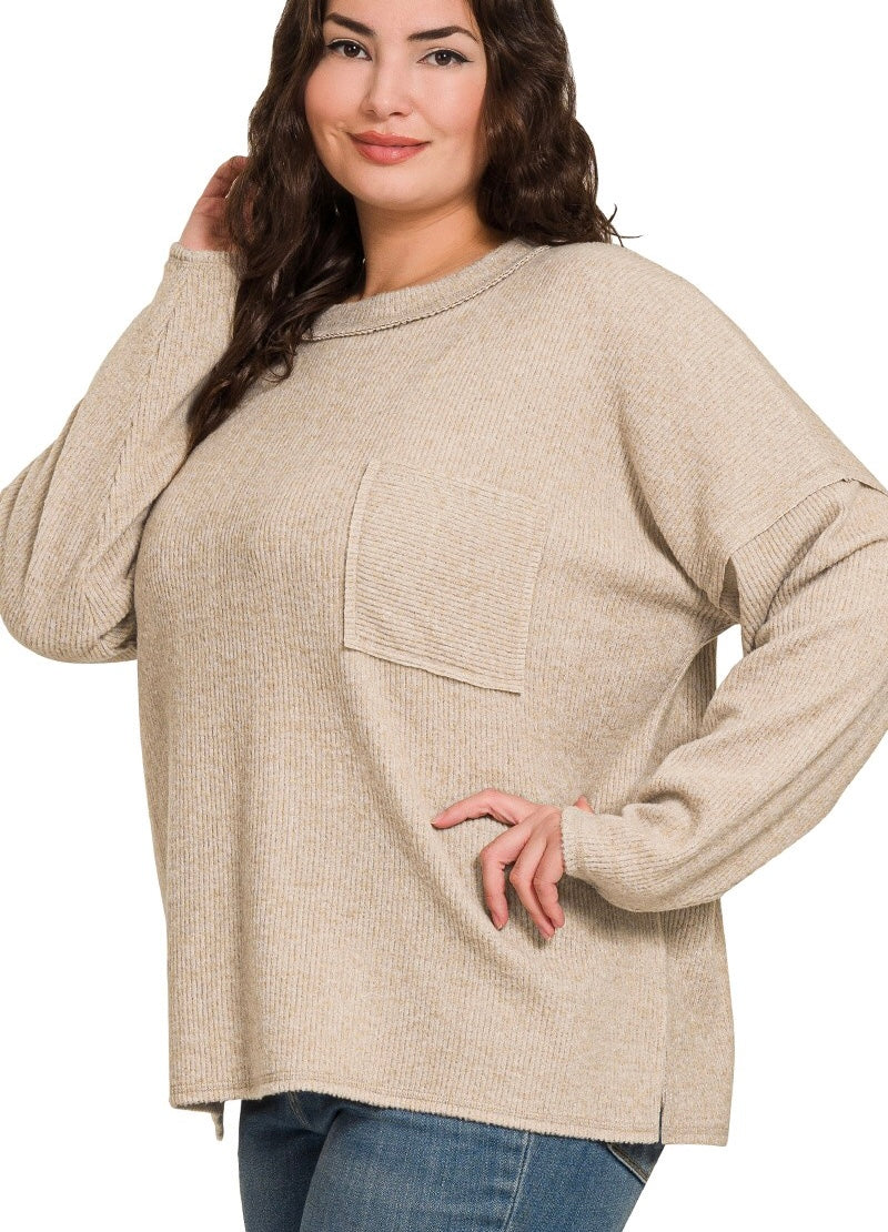 Ribbed Drop Sleeve Knit Sweater in Heather Mocha