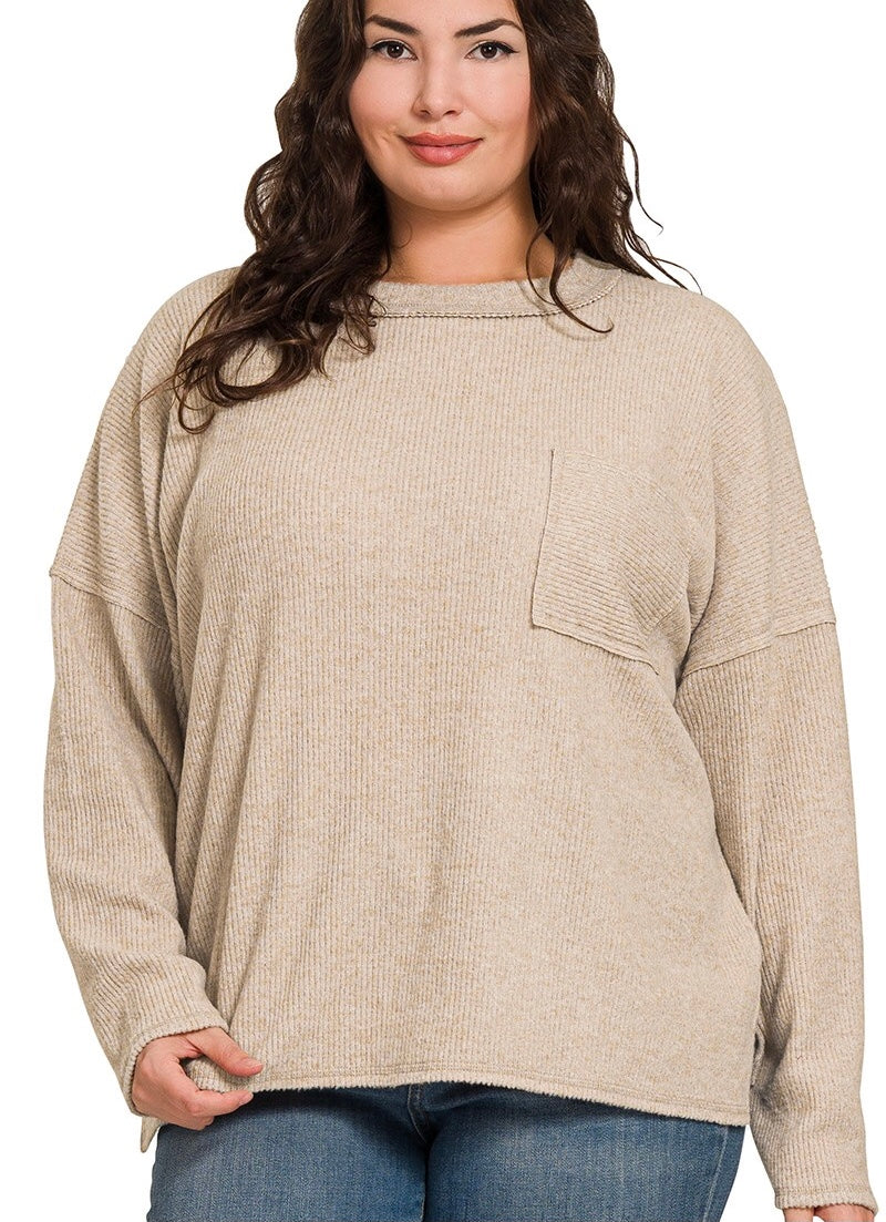 Ribbed Drop Sleeve Knit Sweater in Heather Mocha